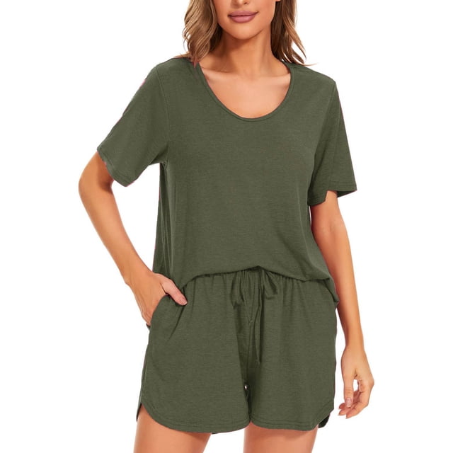 Pijamas de verano para mujer, conjunto de salón de dos piezas con cierre de cordón y cintura elástica de manga corta