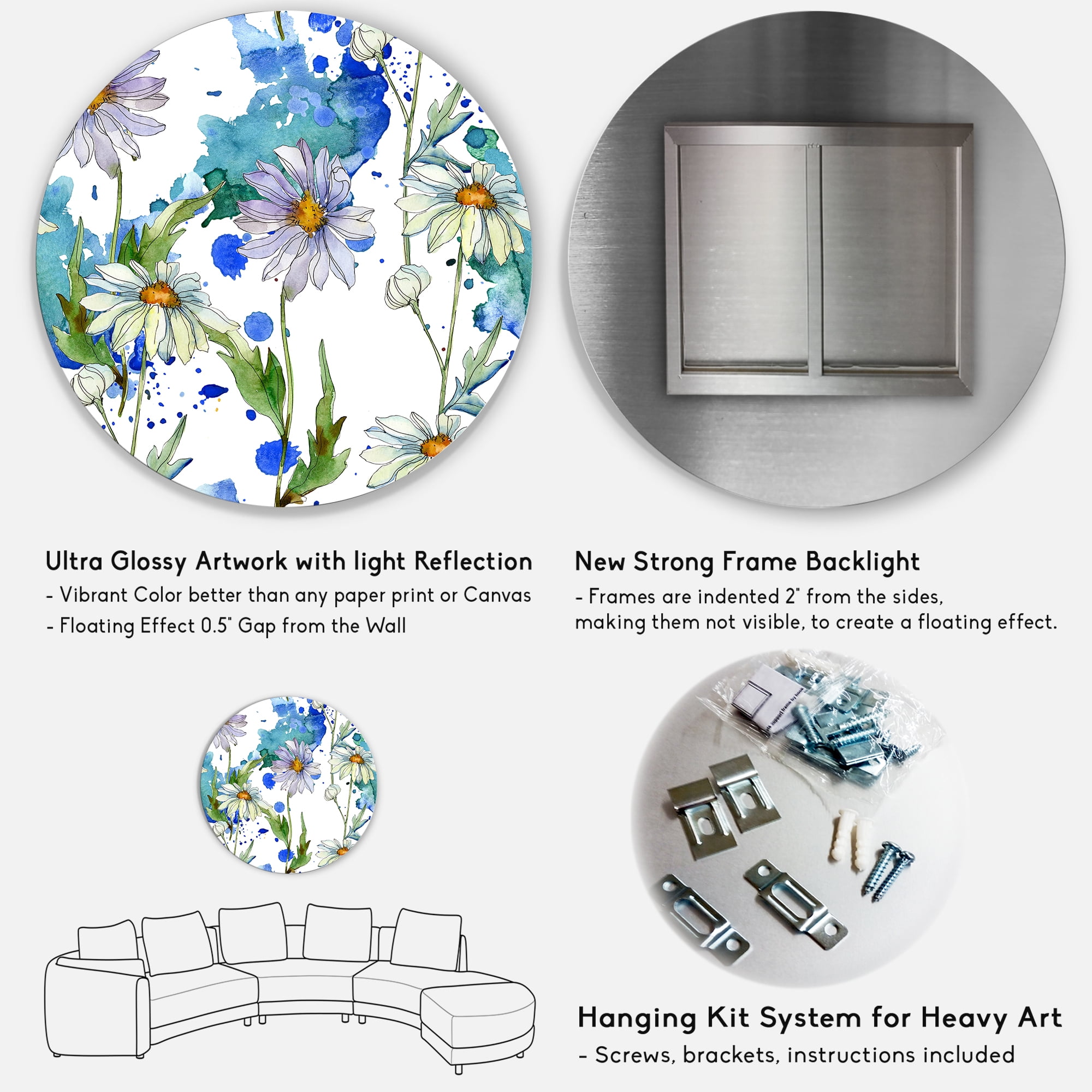 Designart 'Daisies With Green Leaves and Background' Traditional Circle Metal Wall Art 11x11 - Disc of 11