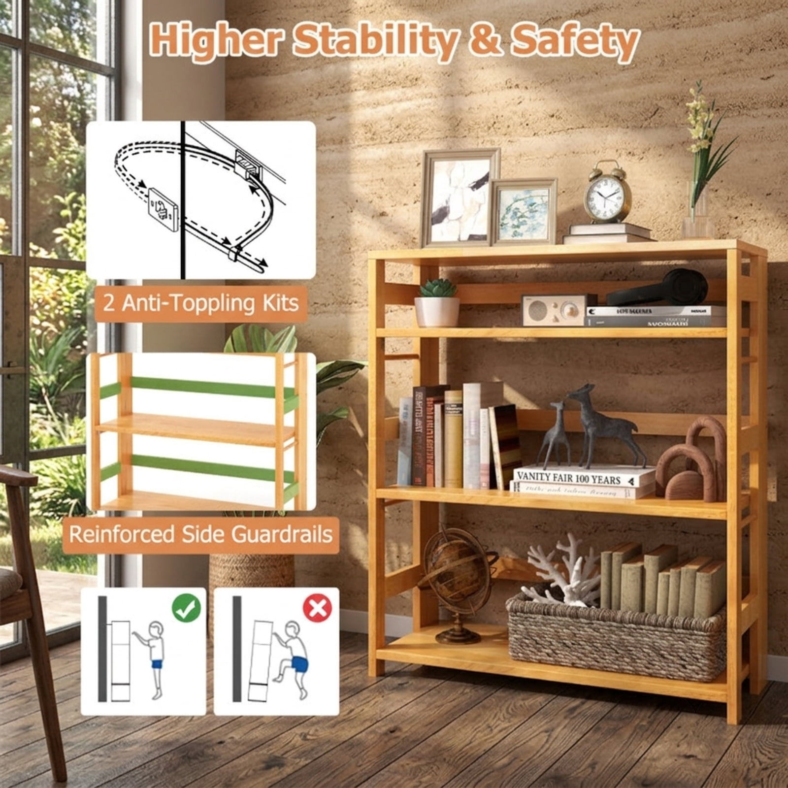 Furnibear 4-Tier Bookshelf Rubber Wood Bookcase with Side Fences for Living Room-29.5 inches for Living Room Home Office Bedroom Display, Natural