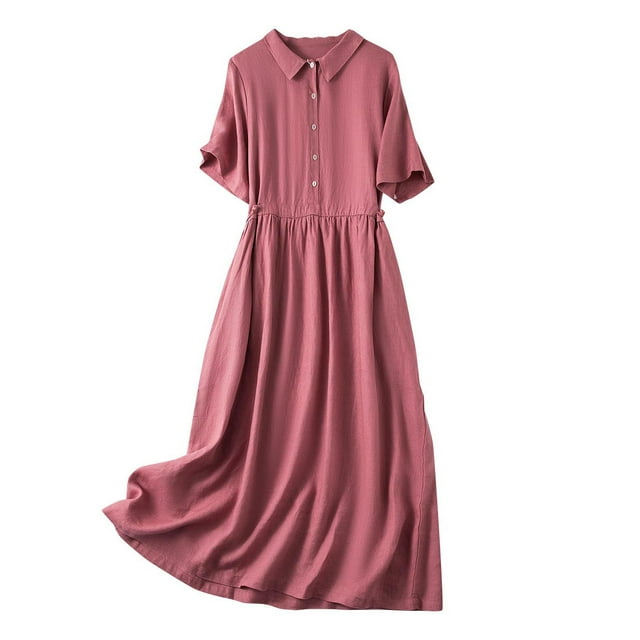 Pisexur Robes d'Été pour Femmes Mode Robe Maxi Unie Tunique Décontractée Robe Soleil Col Rabattu Boutonnée Longue Robe Manches Courtes Col en V Fluide Coton Lin Robe de Plage