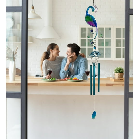 CoTa Global Peacock Wind Chime - Handmade Glass & Metal Chime - Bird Wild Life Hanging Decor - Colorful Home Decor Gift, Indoor & Outdoor Hanging Decoration For Porch, Patio, and Garden - 40.9 Inches