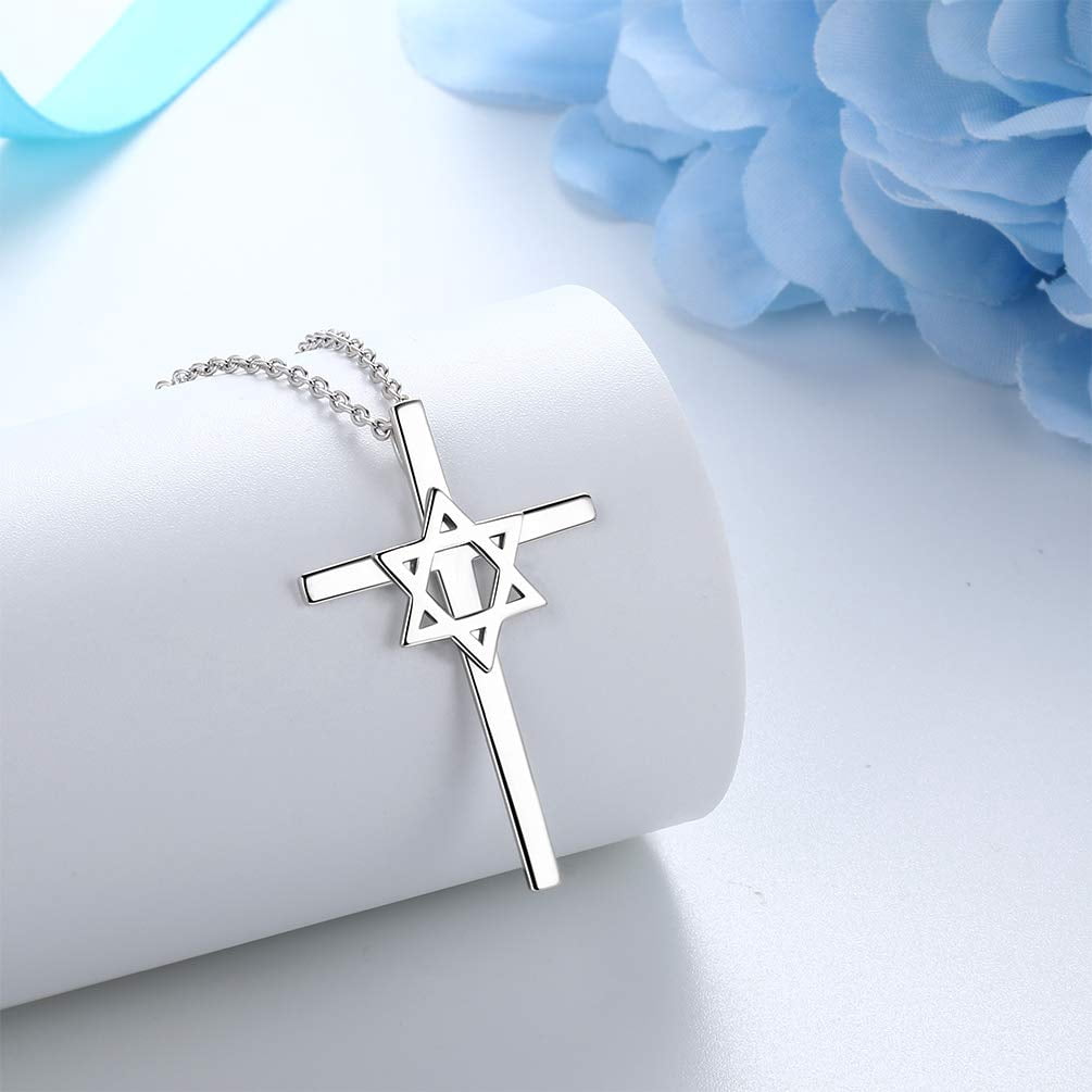Magen Star of David Cross Necklace 925 Sterling Silver Religious Pendant Judaica Amulet Jewelry Valentine's Day Gifts for Women Mens Dad