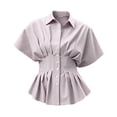 thumbnail image 5 of SSZMDLB Women Collared Short Sleeve Button Down Pleated Peplum Top Casual Blouse Solid Basic Shirt Office Outfits Summer Work Tops, Red L, 5 of 6