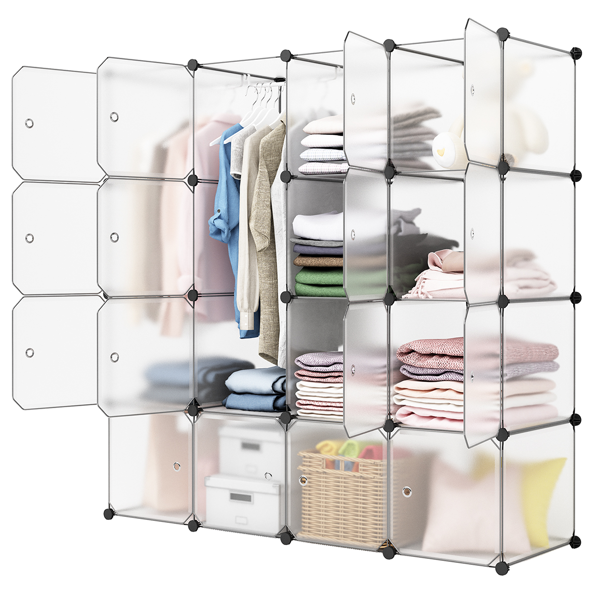 16 Cube DIY Plastic Storage Wardrobe with Shoe Organizer Shelves Unit Hanging