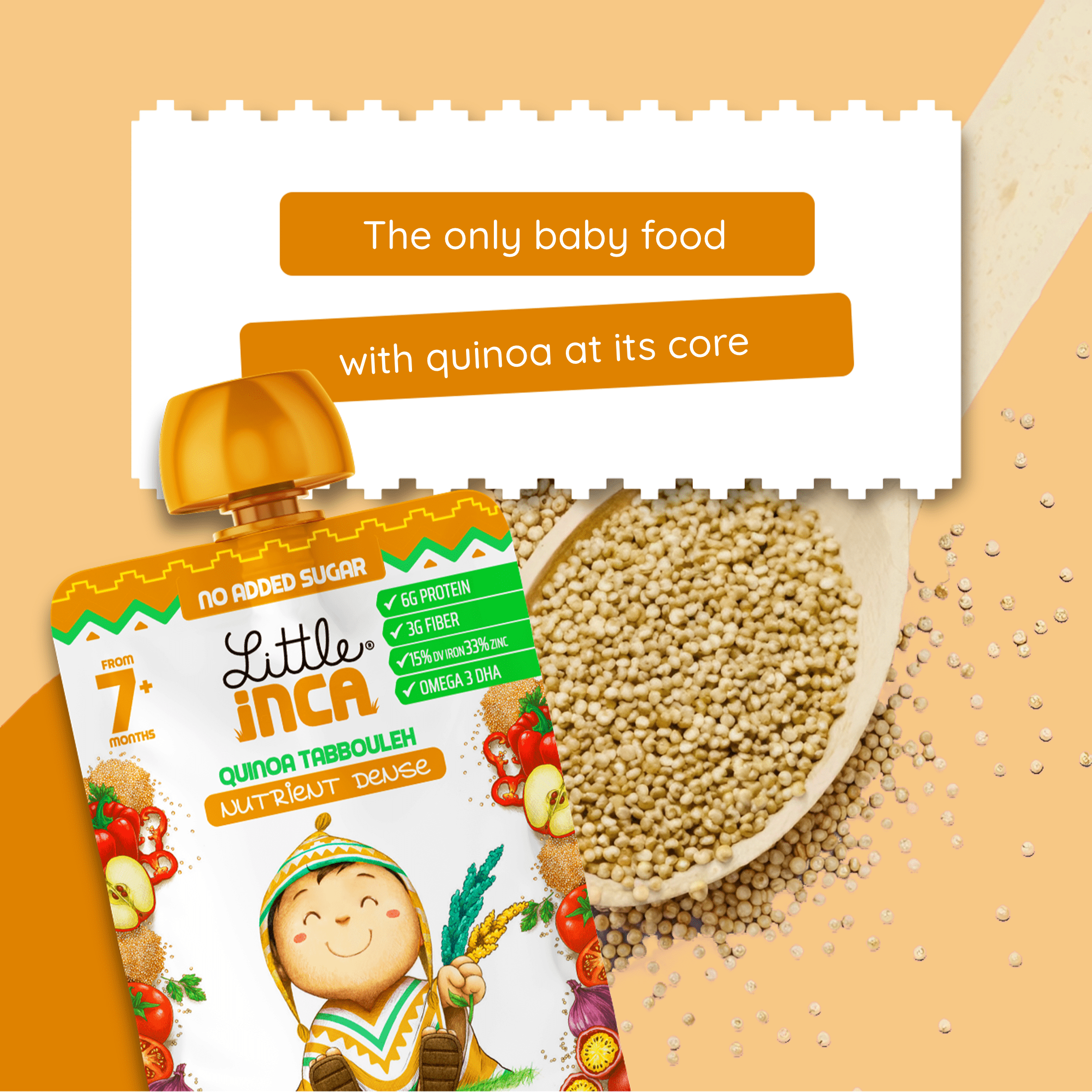 Little Inca Stage 2 Baby Food Pouches, Quinoa Tabbouleh Baby Puree, Plant Based High Protein, Dairy-Free, 6 x 3.5oz