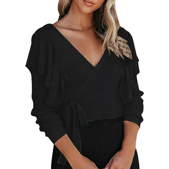 Yuyuzo Womens Cropped Sweaters Wrap V Neck Jumper Tops Tie Waisted Ruffle Shoulder Knitwear Dressy Blouse