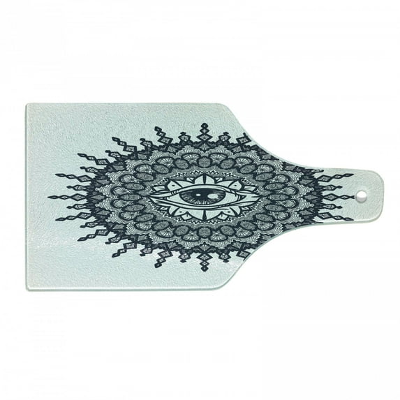 Occult Cutting Board, Traditional Abstract Round Mandala Motif Eye in Middle Secret Sight Occult Image, Tempered Glass Cutting and Serving Board, Wine Bottle Shape, Grey White, by Ambesonne