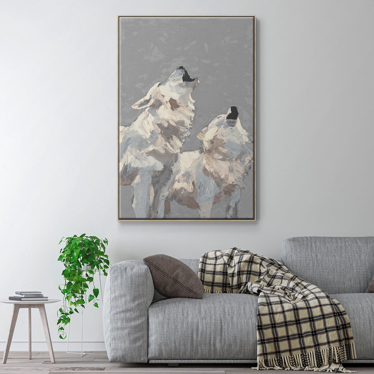 Midnight Wolves Framed Premium Gallery Wrapped Canvas - Ready to Hang - 27 x 41 - Natural Wood Floating Frame