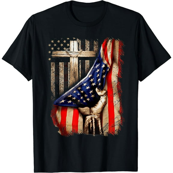 Vintage Mens Faith Over Fear Christian Cross American Flag T-Shirt