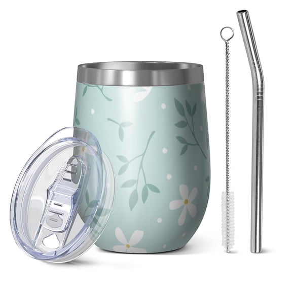 Floral 12oz Stainless Steel Insulated Wine Tumbler with Lid and Straw – Double Wall Vacuum Mug for Hot & Cold Drinks, 304 Steel Interior, Sweat-Free Design,Thanksgiving,Christmas, Spring,Flower