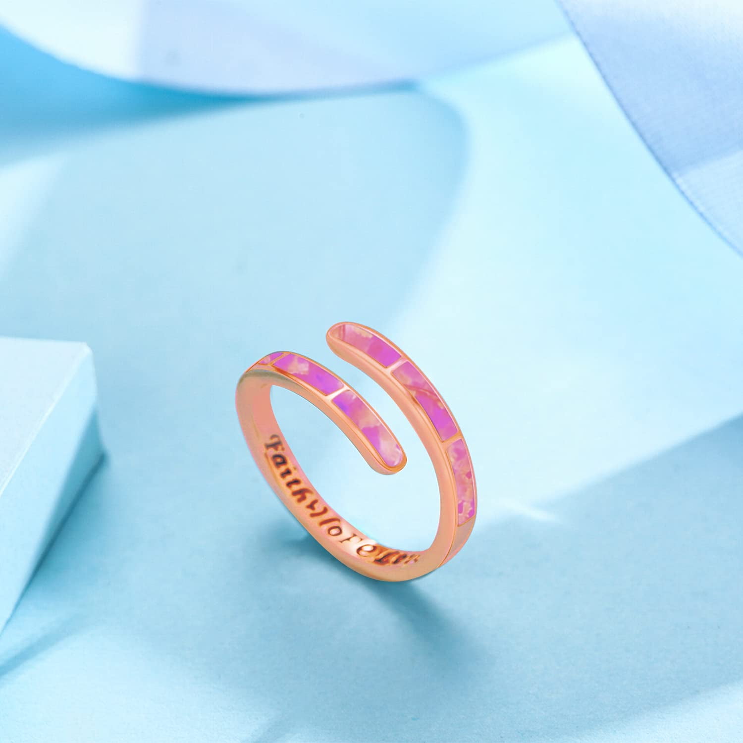 Coachuhhar Pink Opal Rings for Women 925 Sterling Silver Faith Hope Love Rings Rose Gold Adjustable Open Rings Opal Jewelry for Mother's Day