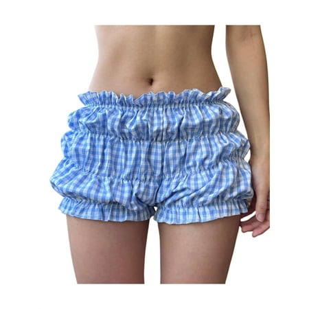 Women Y2k Plaid Bloomers Elastic Low Rise Ruched Lounge Shorts Lolita Pajama Bottoms Ruffle Shorts
