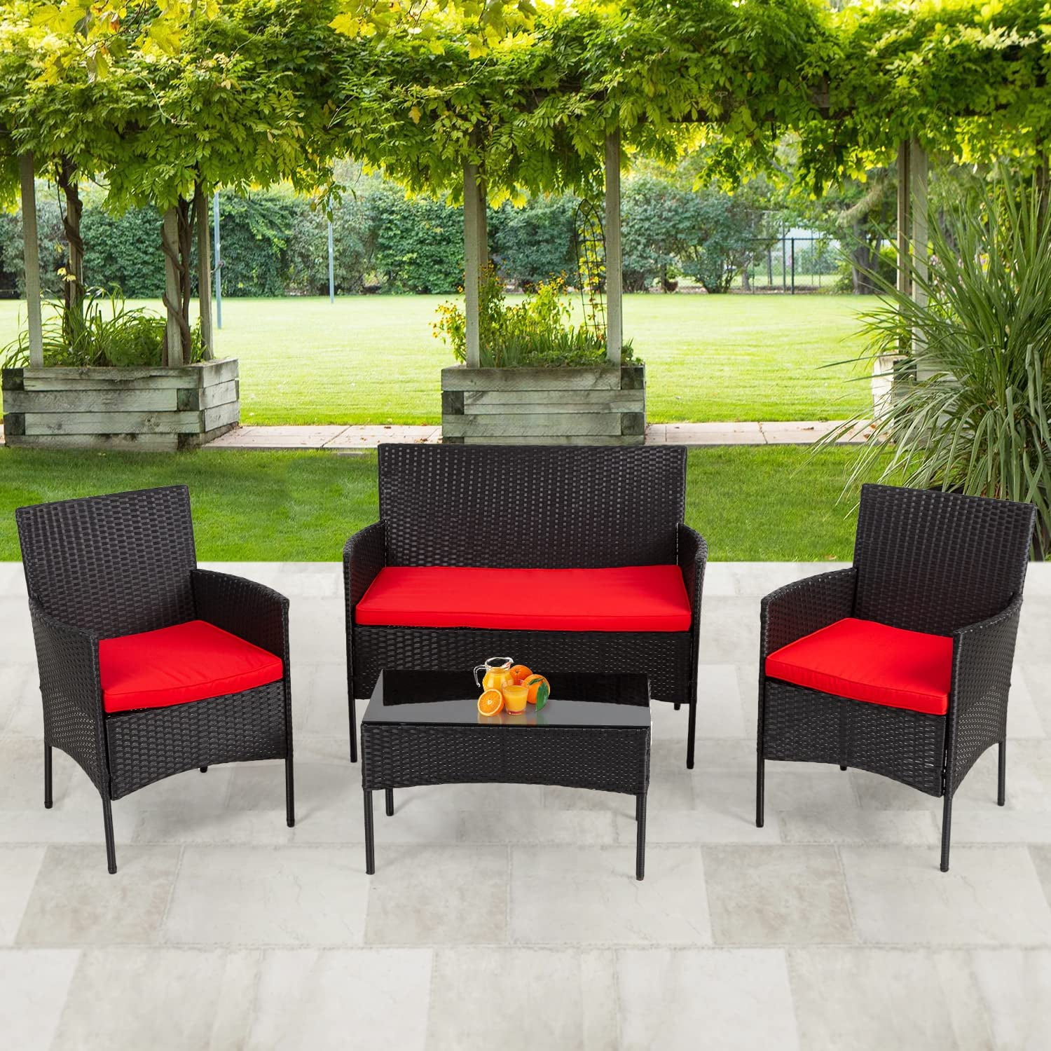 FDW 4 Pieces Outdoor Patio Furniture Sets Rattan Chair Wicker,Red