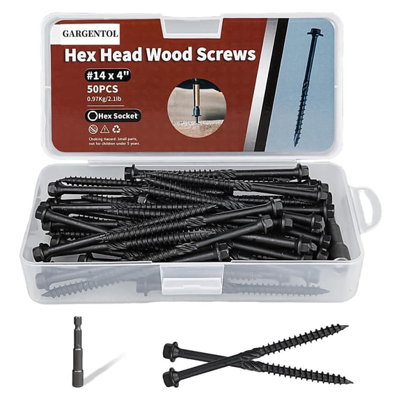 GARGENTOL Lag Screws 4 Inch, 50Pcs #14 x 4 Heavy-Duty Structural Wood Screws, Hex Washer Head, Black Rust Resistant Coated, Long Outdoor Deck Screws for Timber Fence Log, Hex Socket Included