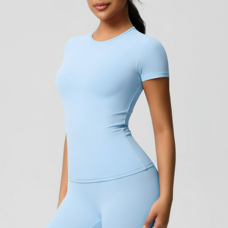 Women's Basic Crop Top Tee - Slim Fit Crew Neck Short Sleeve Shirt In Nylon/Spandex Blend