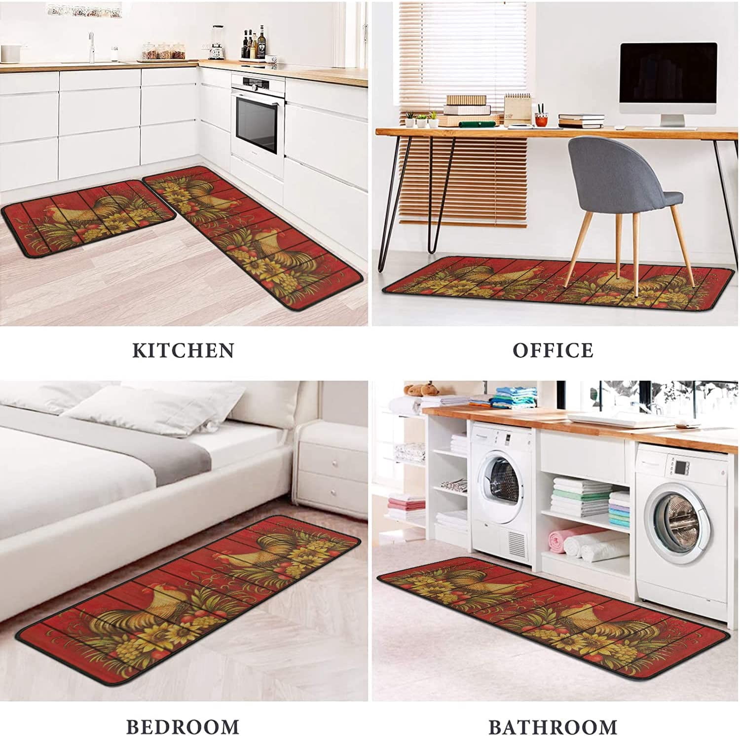 Black Kitchen Rugs and Mats Sets of 2, Funny Kitchen Decoration Rubber Backing Non-Slip Absorbent Mats for Sink Waterproof Runner Rug for Laundry Room 17x30+17x48inch