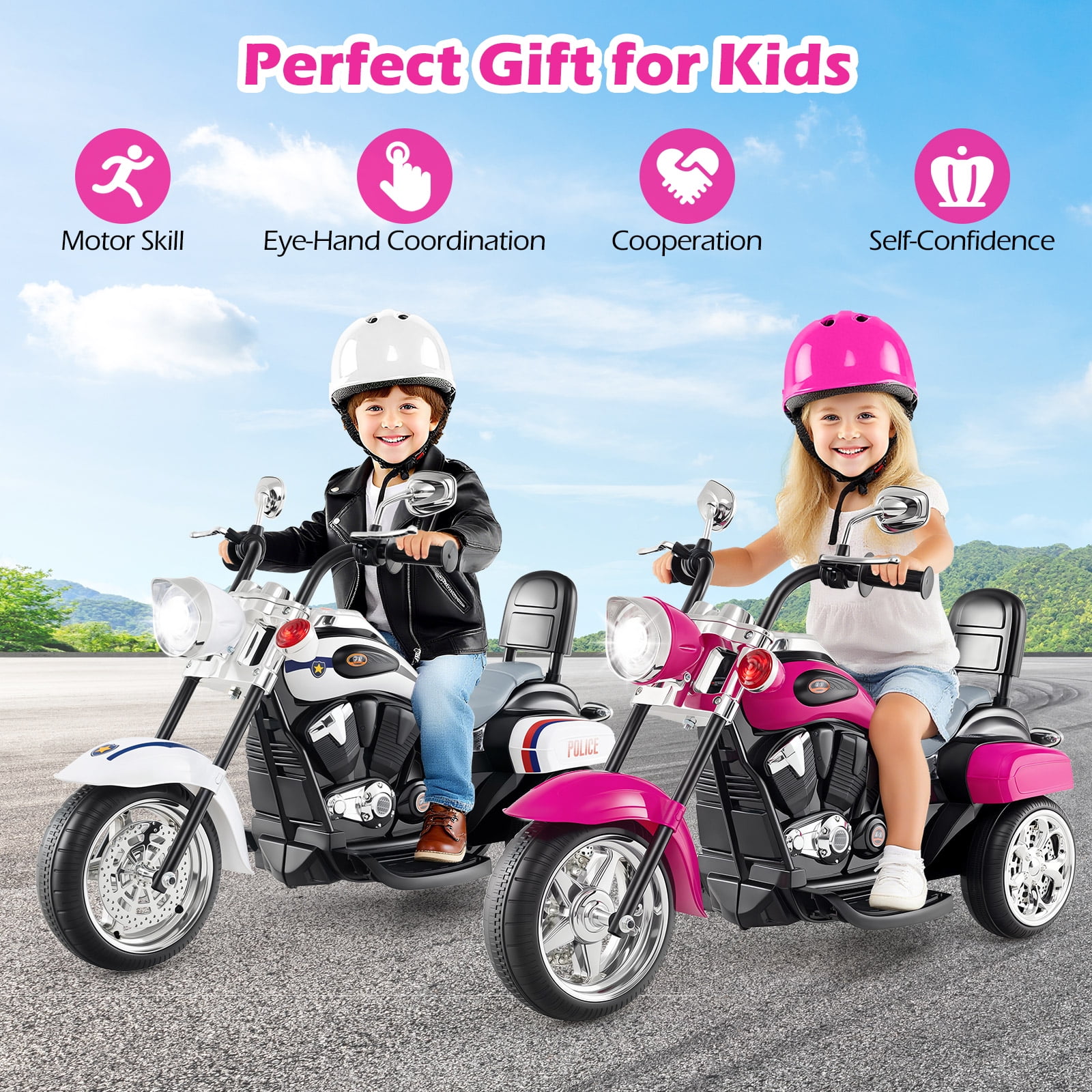Patiojoy Kids Motorcycle 6V Battery Powered 3-Wheel Electric Motorcycle for Kids White