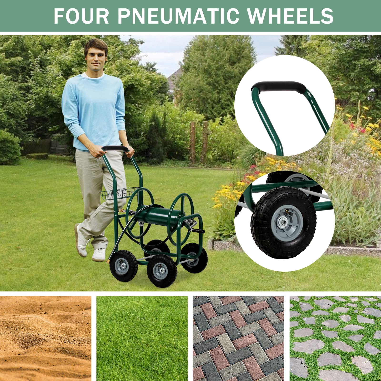 Garden Hose Reel Cart,  Hose Reel Cart with  4 Wheels, Heavy Duty Outdoor Water Planting Truck with Storage Basket (Green)