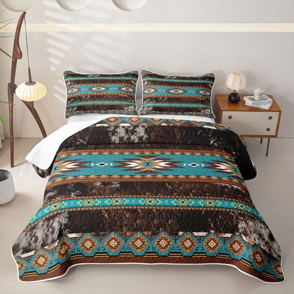 jejeloiu Southwestern Geometric Twin Quilt Set,Cowhide Pattern Twin Coverlet Set For Boys,Turquoise Brown,2pcs