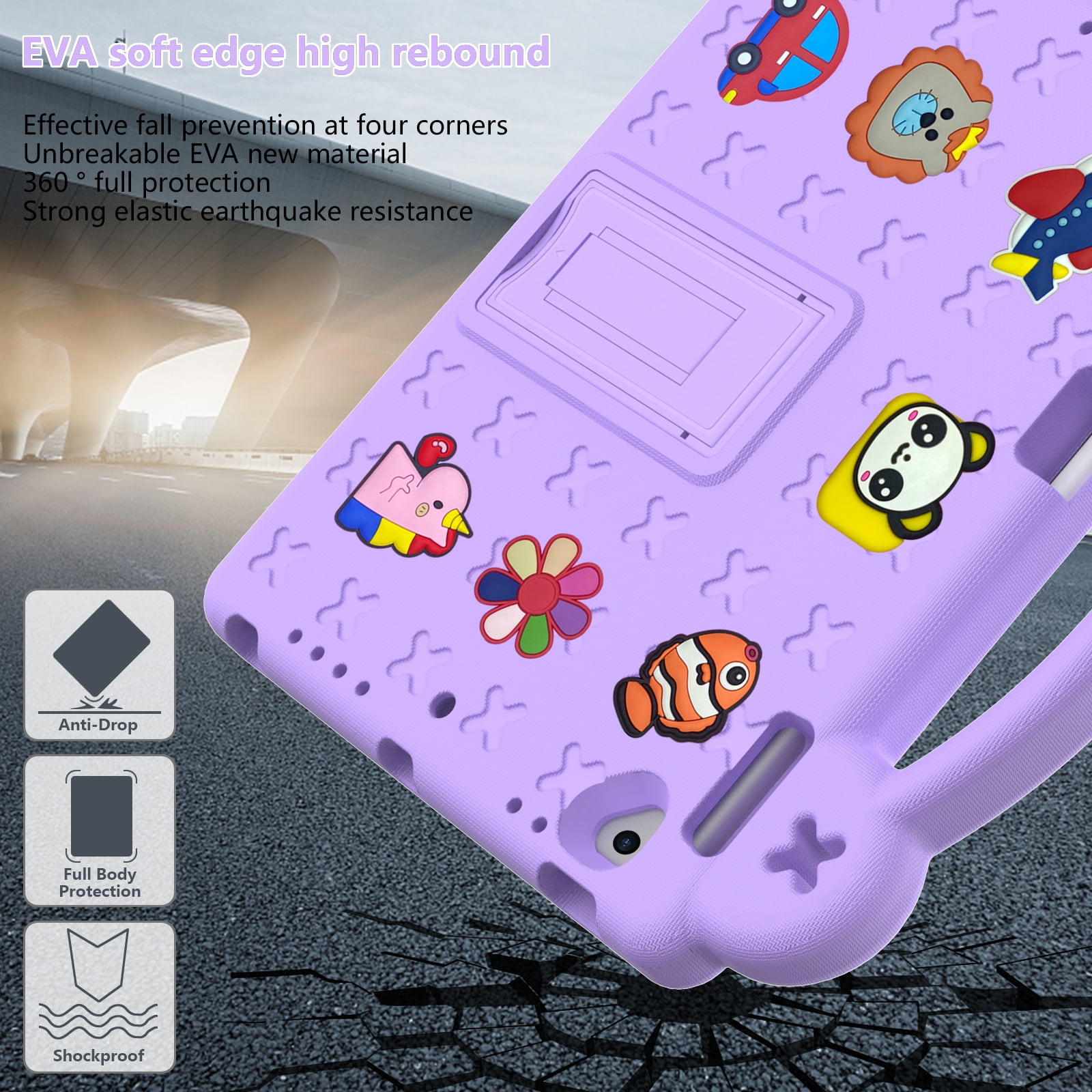 ELEHOLD Kids Case for iPad 6th/5th Gen/Pro (2018/2017/2016) 9.7 inch, EVA Foam Cute Cartoon Case with Built-in Kickstand Pencil Holder Shockproof Portable Case for iPad 9.7"/iPad Air/Air 2,Lightpurple
