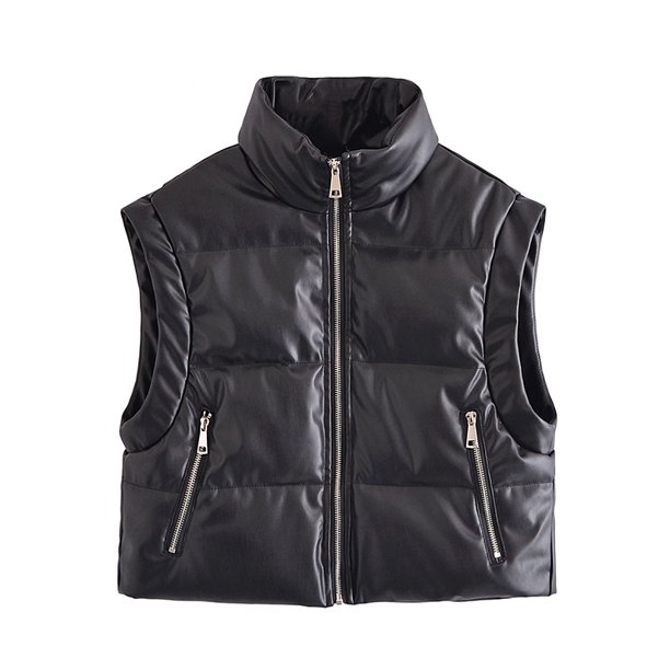 Chaqueta de cuero sintético para mujer, chaleco negro con cuello levantado, elegante, con cremallera, a la moda, otoño e invierno, 2023