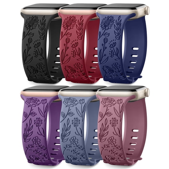 Correa de reloj SNBLK de silicona grabada con estampado floral, paquete de 6 unidades, 40-49 mm