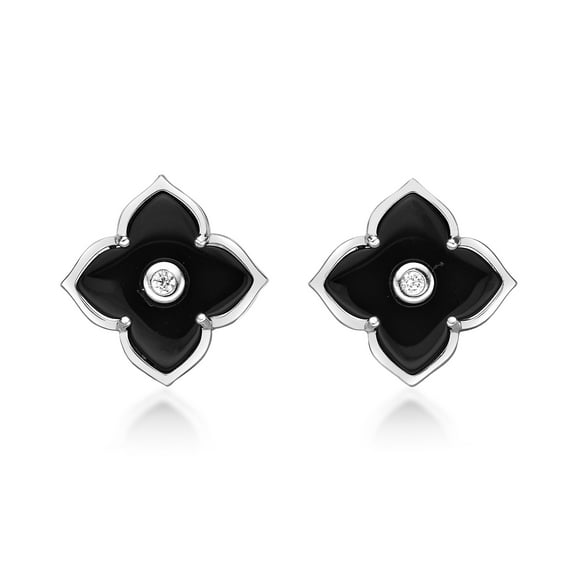 925 Sterling Silver Black Onyx and Cubic Zirconia Flower Stud Earrings for Women with Hinge Post Back 16 mm by Lavari Jewelers