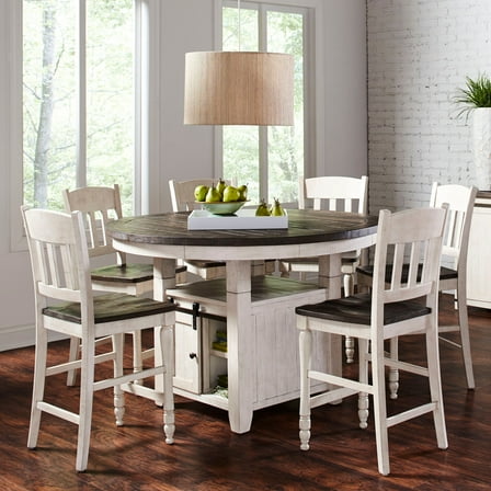 Madison County Rustic Farmhouse Seven Piece Reclaimed Solid Wood Counter Height Round Dining Set with Slatback Barstools