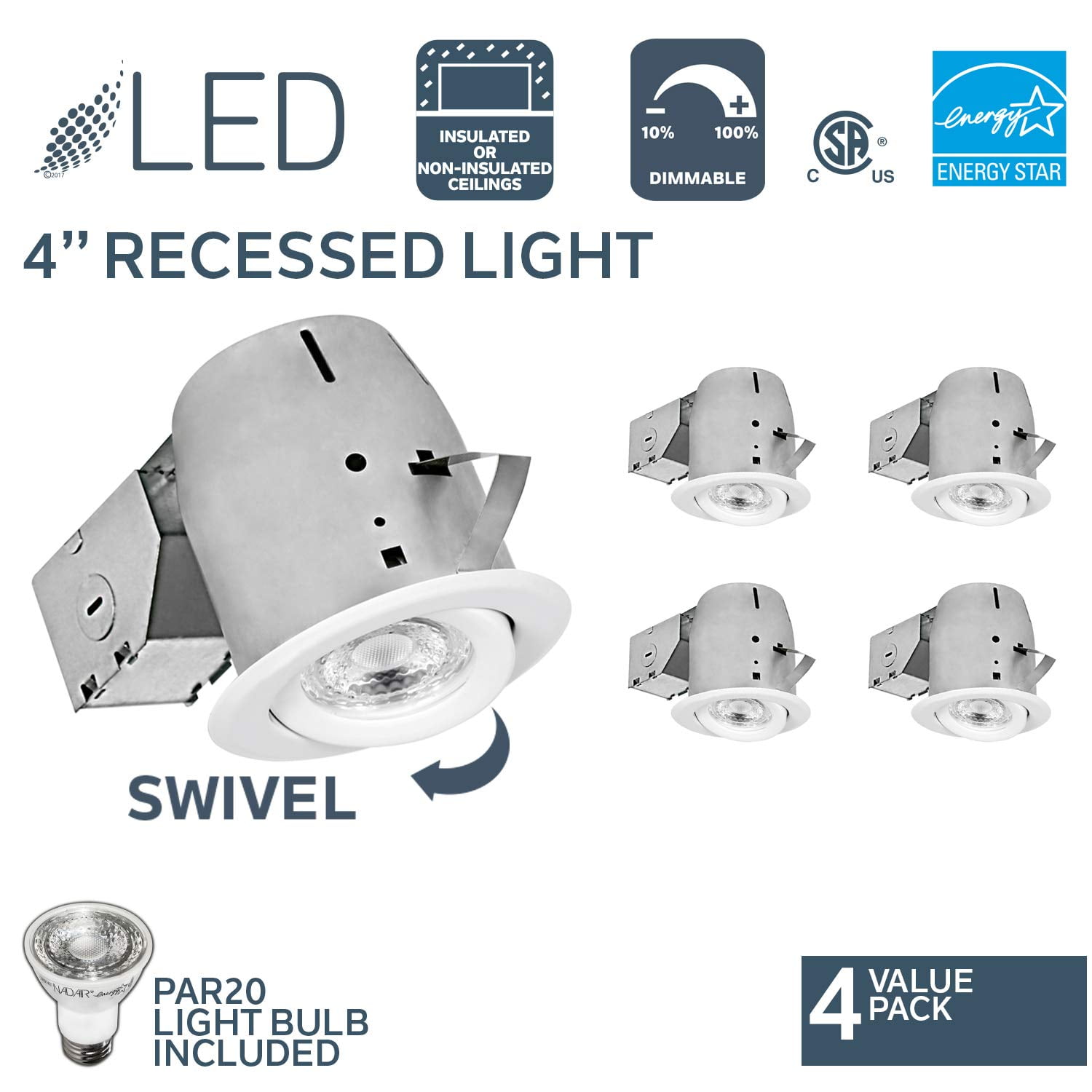 50W Equivalent Nadair CP378L-PR8WH 8 Pack 4 LED Swivel Dimmable Downlight Spotlight 8 x Led Par20 630 Lumens Lightbulb Included 