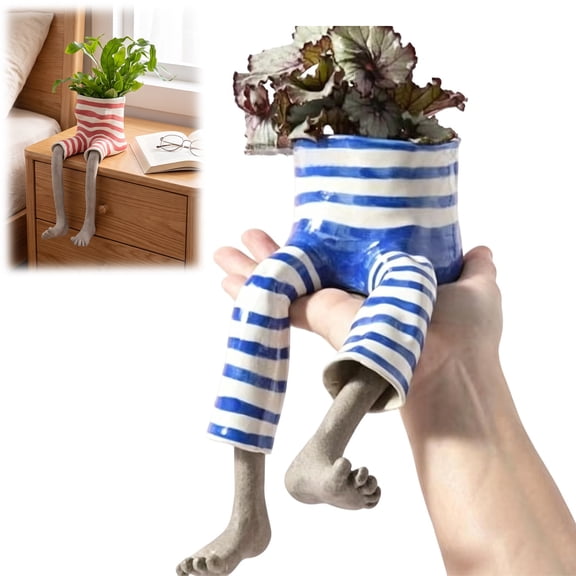 Funny Leggy Planter Set, Creative Sitting Human Shaped Resin Planter with Legs, Cute Leggy Pot for Home Decor (Blue Stripes)