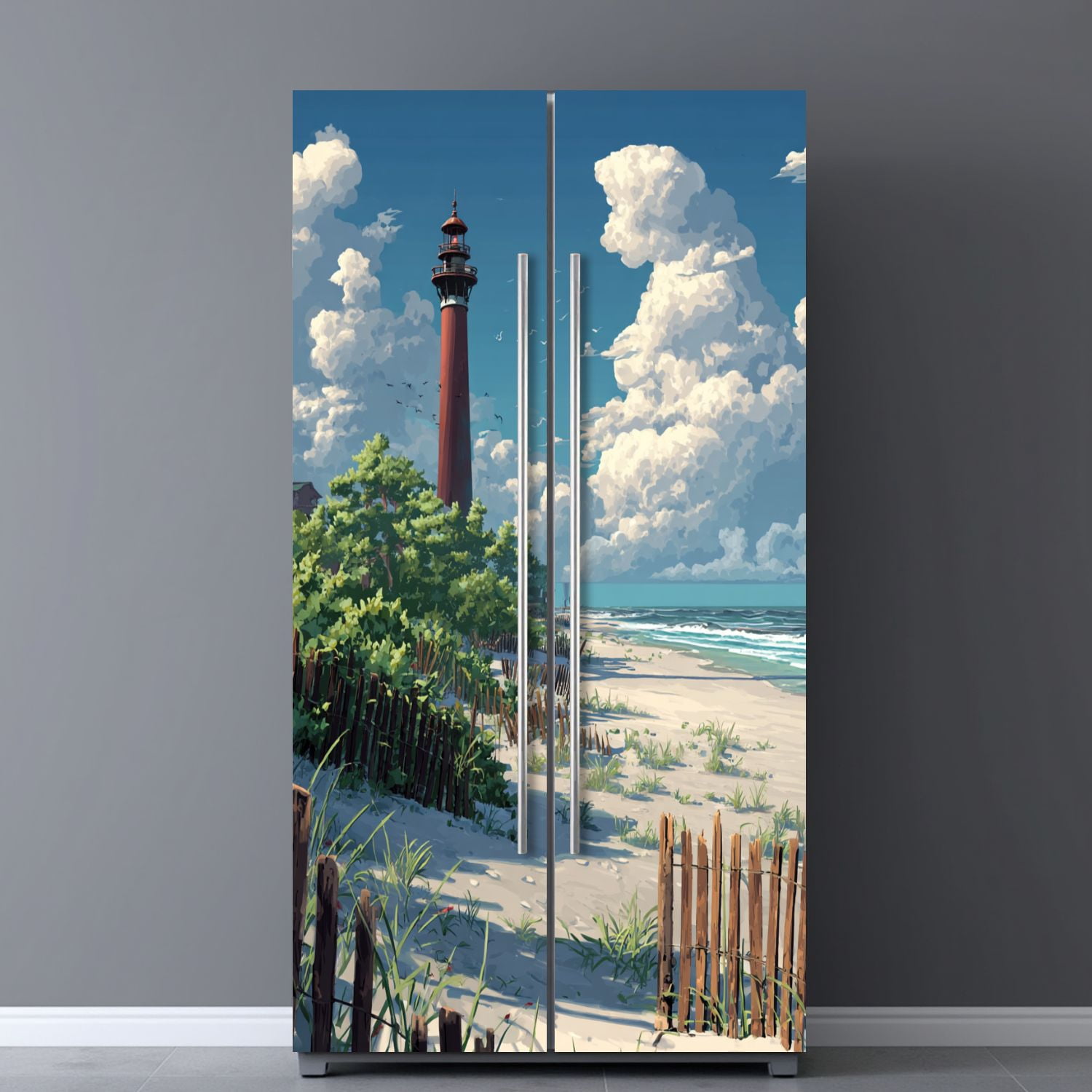 Self Adhesive Vinyl Refrigerator Wrap Set Barnegat Lighthouse sand beach fence New Jersey Door Mural Removable Fridge Sticker Peel and Stick&nbsp;Full Door Cover Decal Kitchen Bar Decor