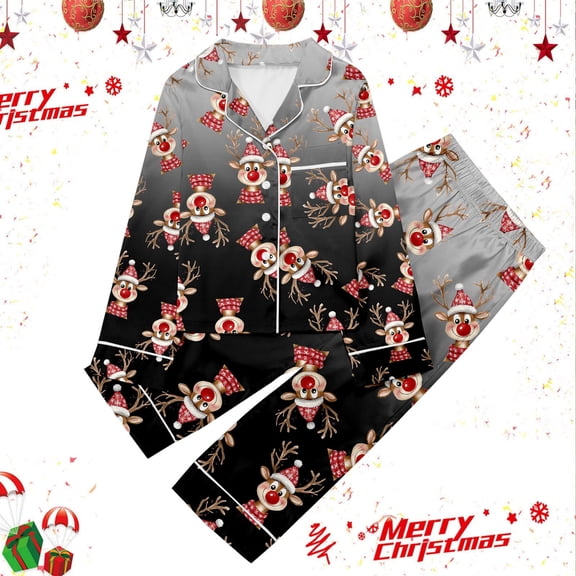 Tfken Girls Christmas Pajamas Reindeer Print Button Down Long Sleeve Top Pants 2 Piece Fall Winter Casual Cozy Pjs Holiday Family Gathering Sleep Set,Size 3-14 Years Black