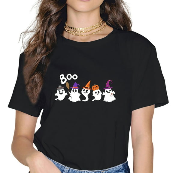 Women Boo Ghost Witches Hat Pumpkin Happy Halloween T-Shirt