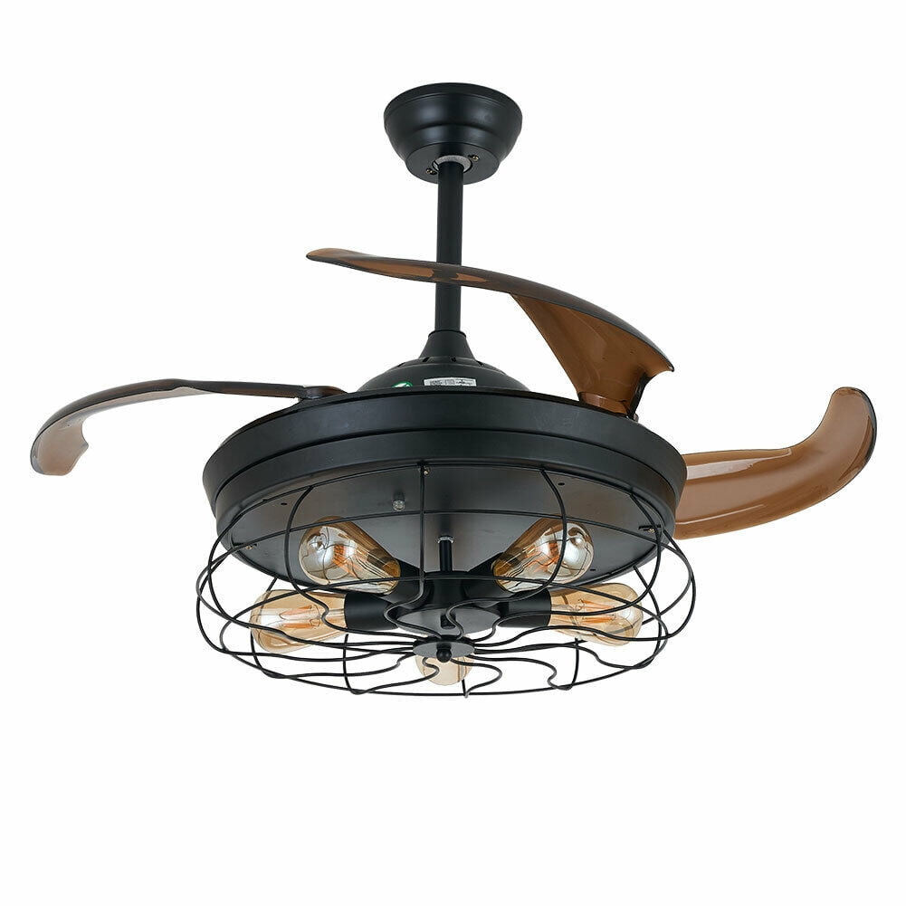 36'' Ceiling Fan with Lights Black Rustic Ceiling Fan with 3 Retractable Blades 