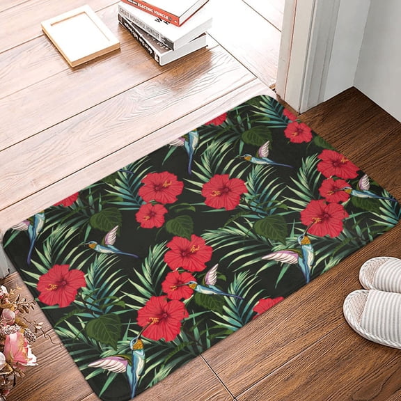Front Door Mat Indoor Outdoor Outside Entrance - 16*24in Washable Hummingbird Red Hibiscus Thin Bathroom Rugs Fit Under Door, Bath Rugs for Bathroom, Kitchen Rugs Mats for Floor