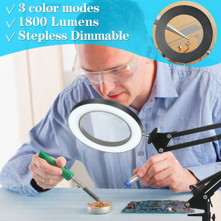 10X Magnifying Glass with Light and Clamp 3 Color Modes Stepless Dimmable  LED Lamp Adjustable Swivel Arm Magnifier Lamp