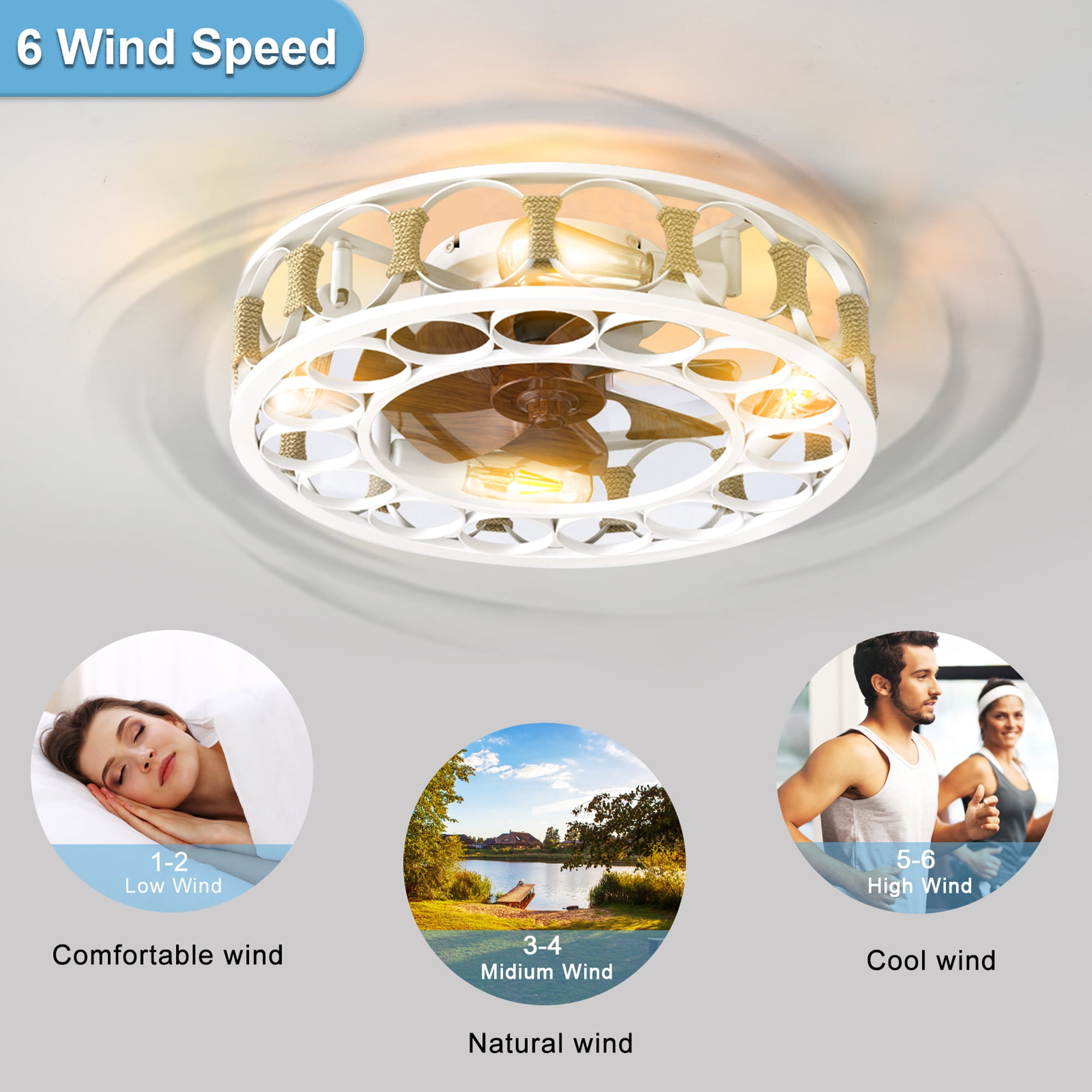 Aukfa 20" Caged Ceiling Fans with Lights and Remote, Low Profile Bladeless Caged Fan with 6 Speeds and Timing, White