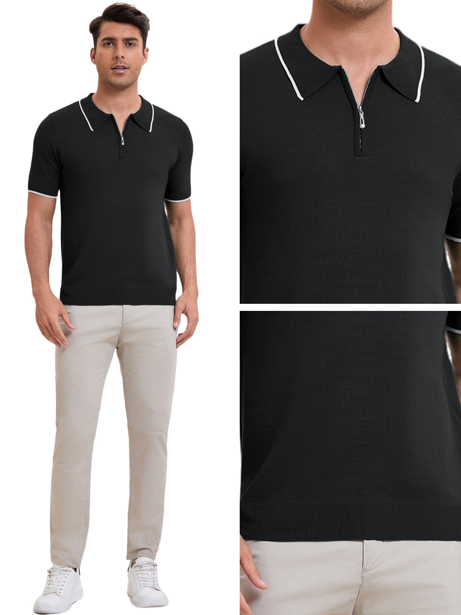 DARING DIVA Men's Formal Short Sleeved Zipper Slim Fit Classic Polo Shirts M Black