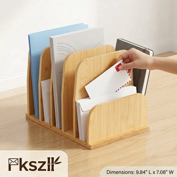 Bamboo Desk File and Mail Organizer, 5 Adjustable Slots Countertop Folder Sorter for Letters & Papers for Office