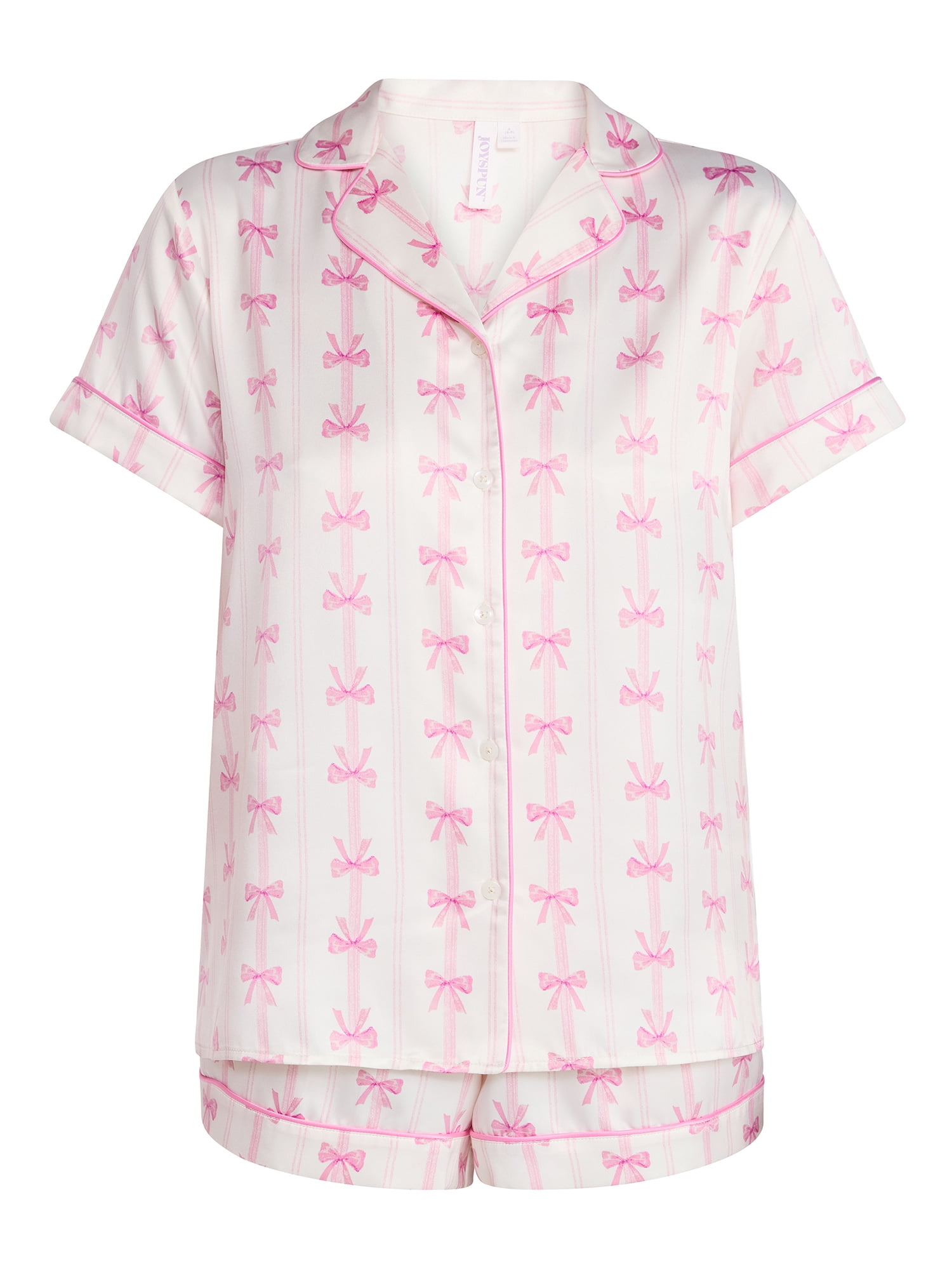 Joyspun Women’s Stretch Satin Short Sleeve Top and Shorts Pajama Set, Sizes XS-3X