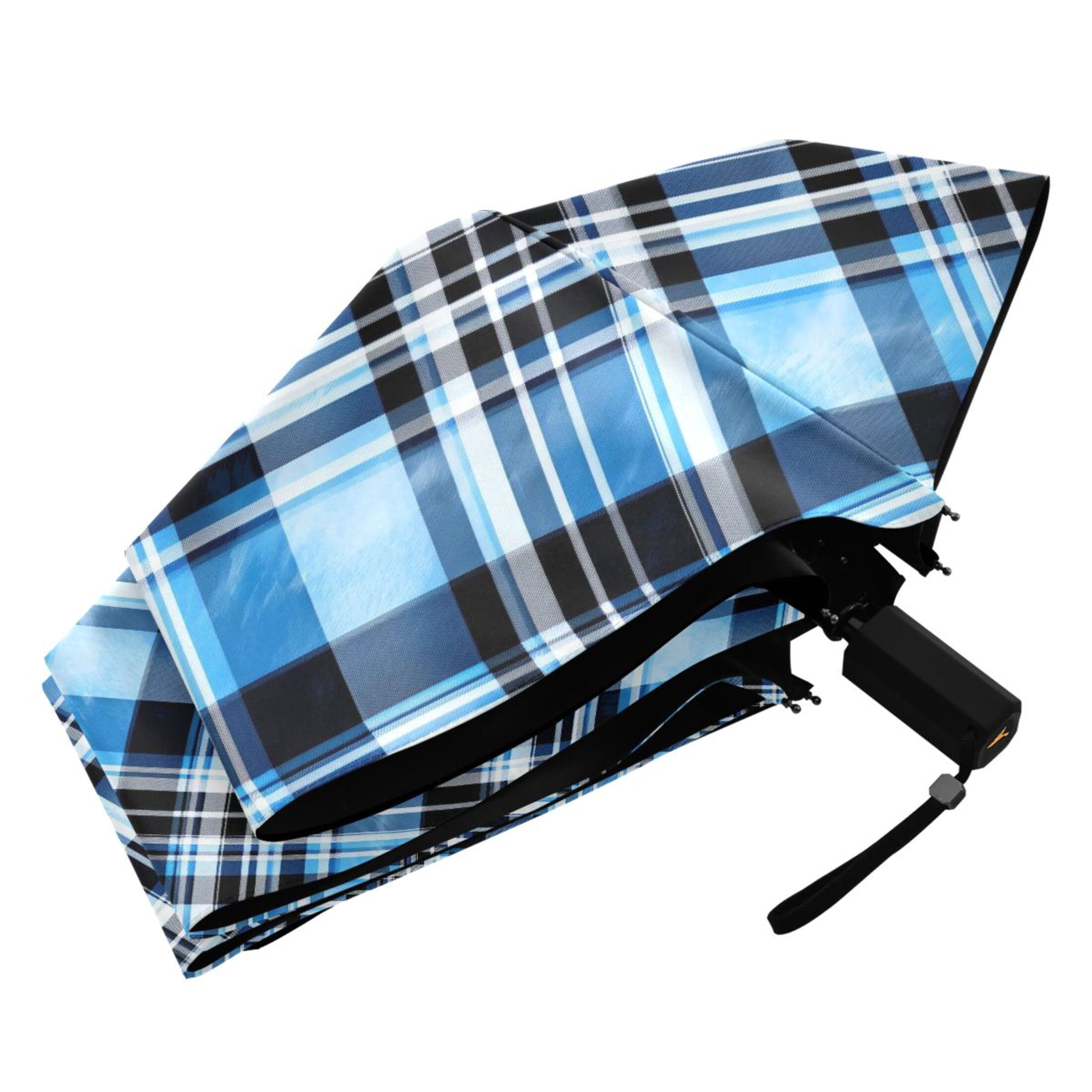 Blue and Black Plaid Compact Sun Umbrella Windproof Travel Umbrellas for Rain Strong Portable UV Protection