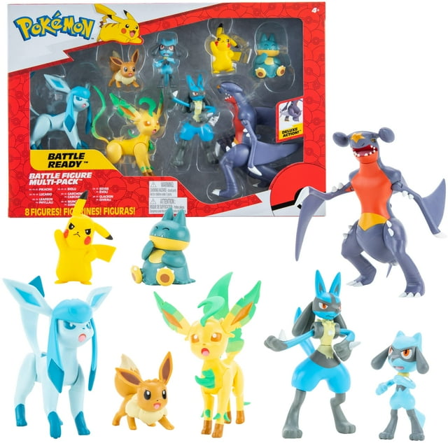pokemon characters set 8pack 5-11cm - figuras de acción Pokémon 8 pzas en caja con ventana que incluye Garchomp, Pikachu, Eevee, Lucario, Riolu, Munchlax, Glaceon y Leafeon; vista frontal muestra pinturas detalladas, articulación visible y tamaños aproximados 5–11 cm, a menudo usadas para exhibir en colecciones.