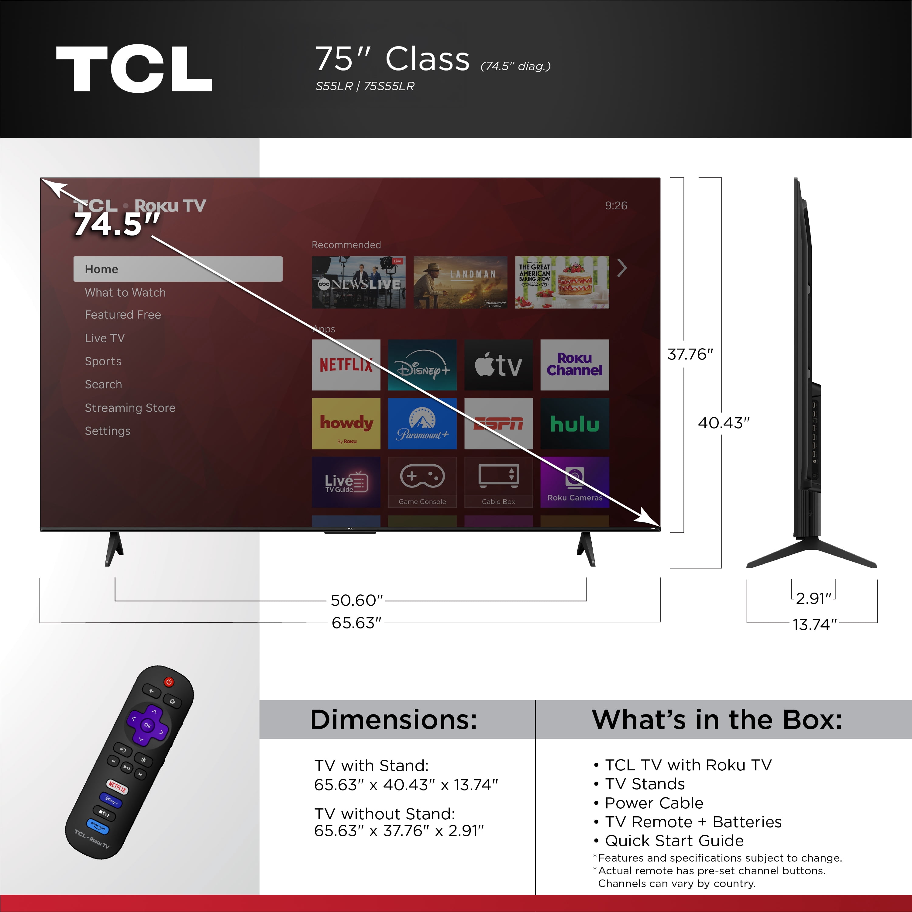 TCL 75” Class S55LR Series 4K HDR LED Smart Roku TV (New 2026) - High Brightness LED Backlight, Wide Color Gamut, Motion Rate 240, Game Accelerator 120, Auto Game Mode - 75S55LR