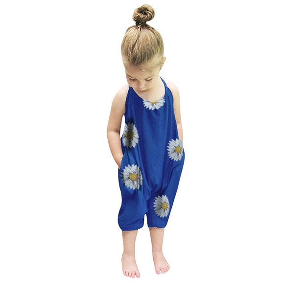 Odeerbi Toddler Jumpsuit Girls Sunflower Romper Summer Floral Backless Jumpsuits Sling Halter Jumpsuit Children Clothing Blue