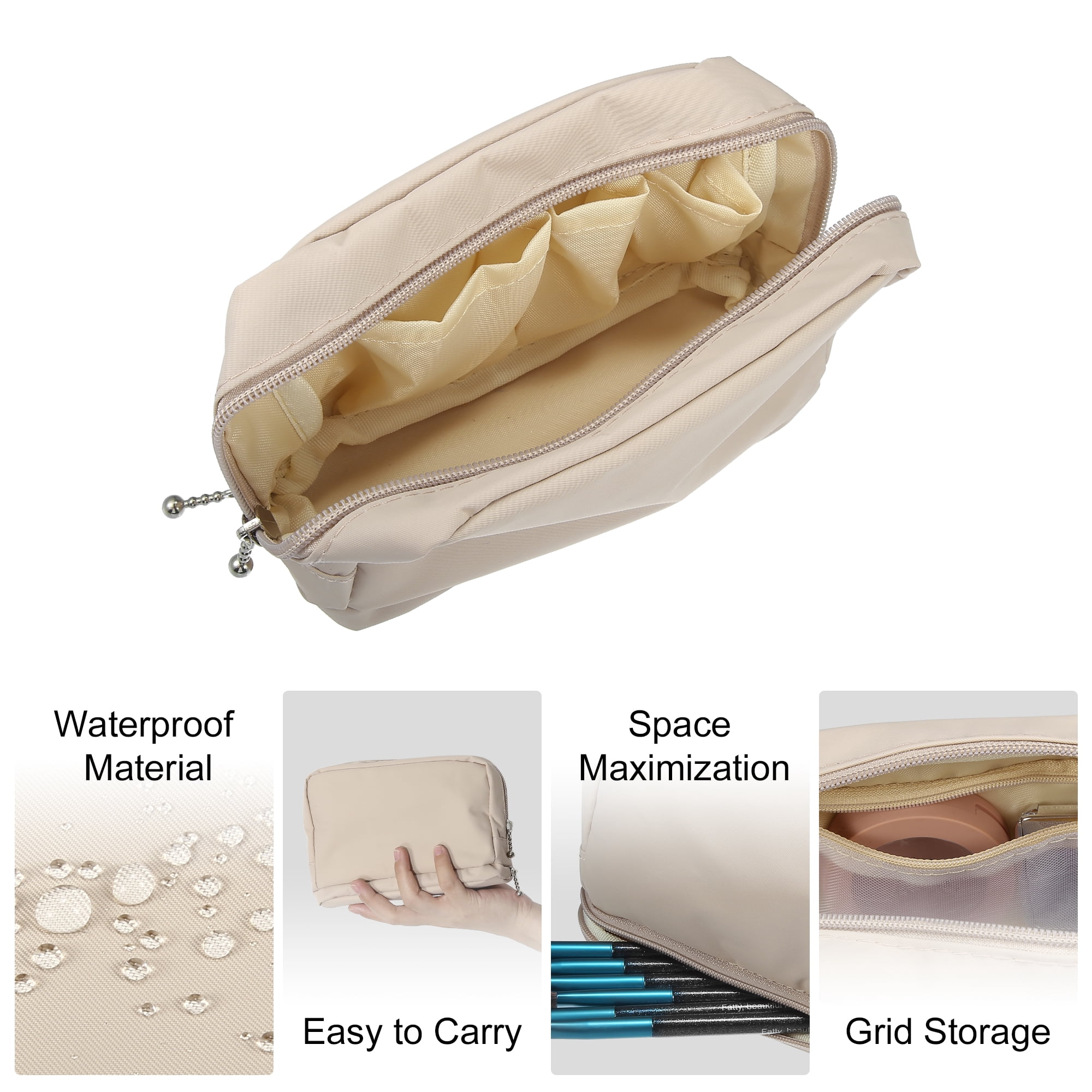 Unique Bargains Floral Makeup Bag Zipper Flower Cosmetic Pouch Beige