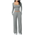 thumbnail image 2 of Travel Outfits for Women 2 Piece Sets Square Neck Long Sleeve Tops and Pants Casual Y2K Outfits Matching Tracksuit Leisure Wear Sets, 2 of 9