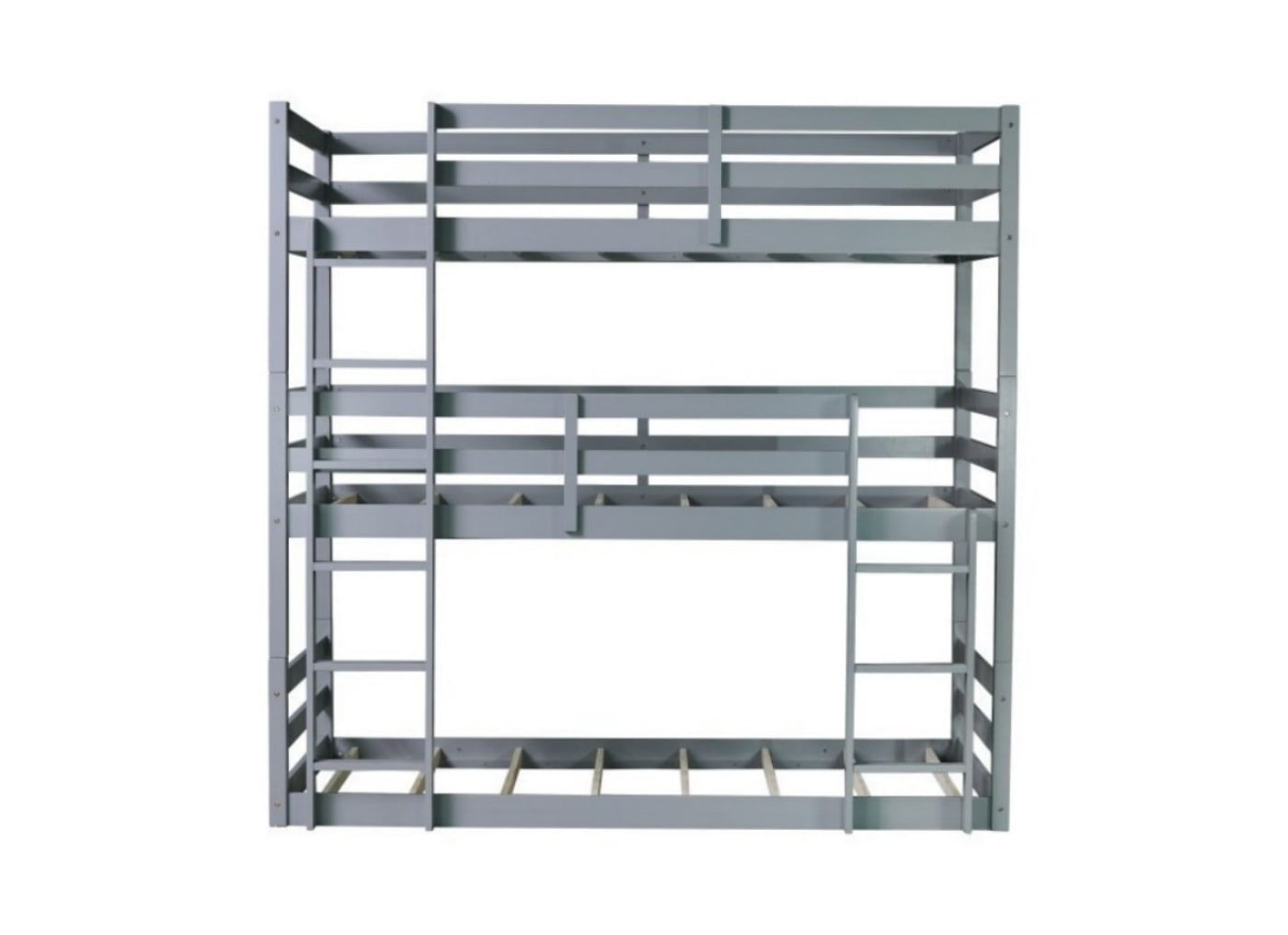 Triple Twin Bunk Bed, Rubber Wood Twin Over Twin Over Twin Bunk Bed with 2 Built-In Ladders & Guardrails, Detachable 3 Twin Beds, Gray