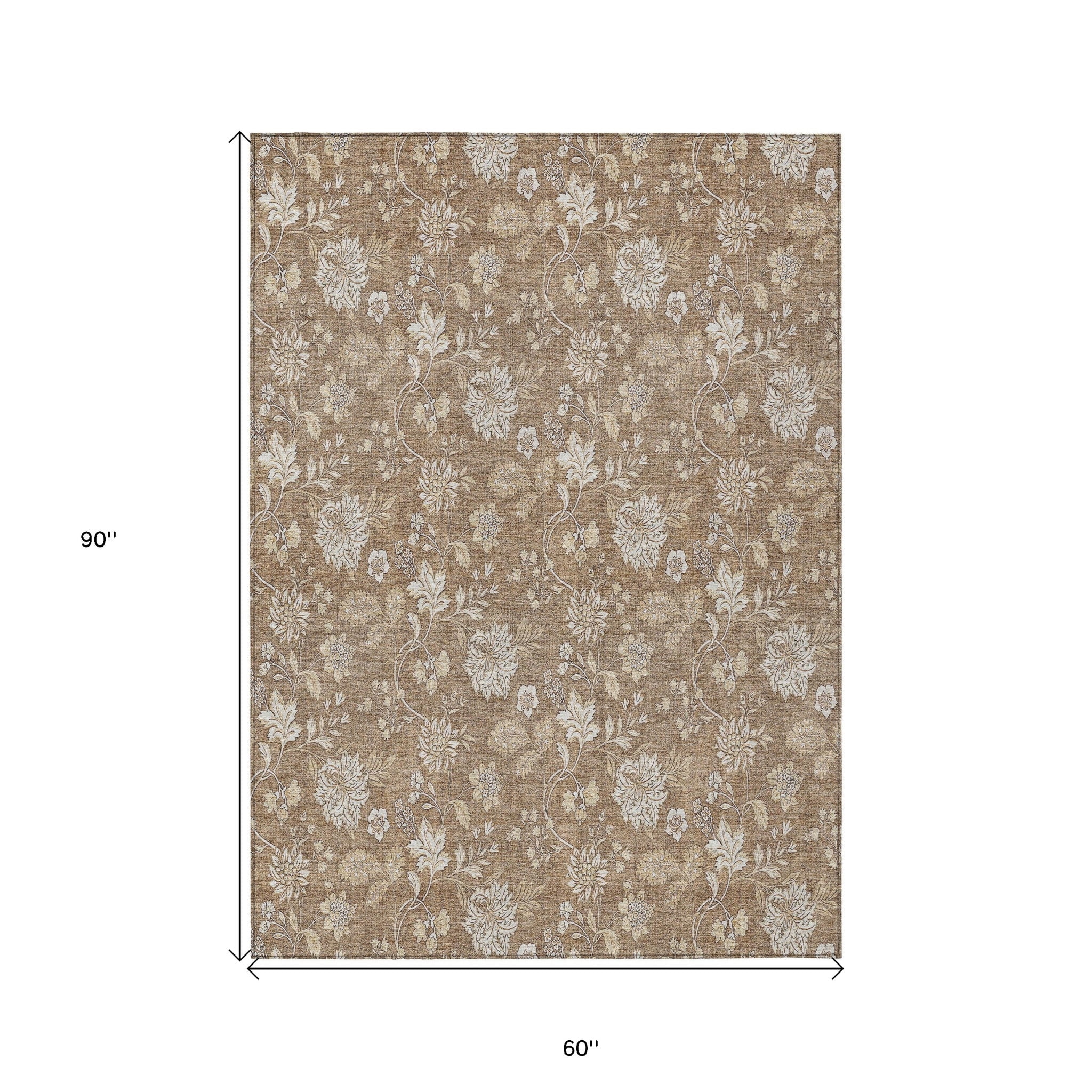 HomeRoots 581420 5 x 8 ft. Floral Washable Indoor & Outdoor Rectangle Area Rug, Copper & Beige