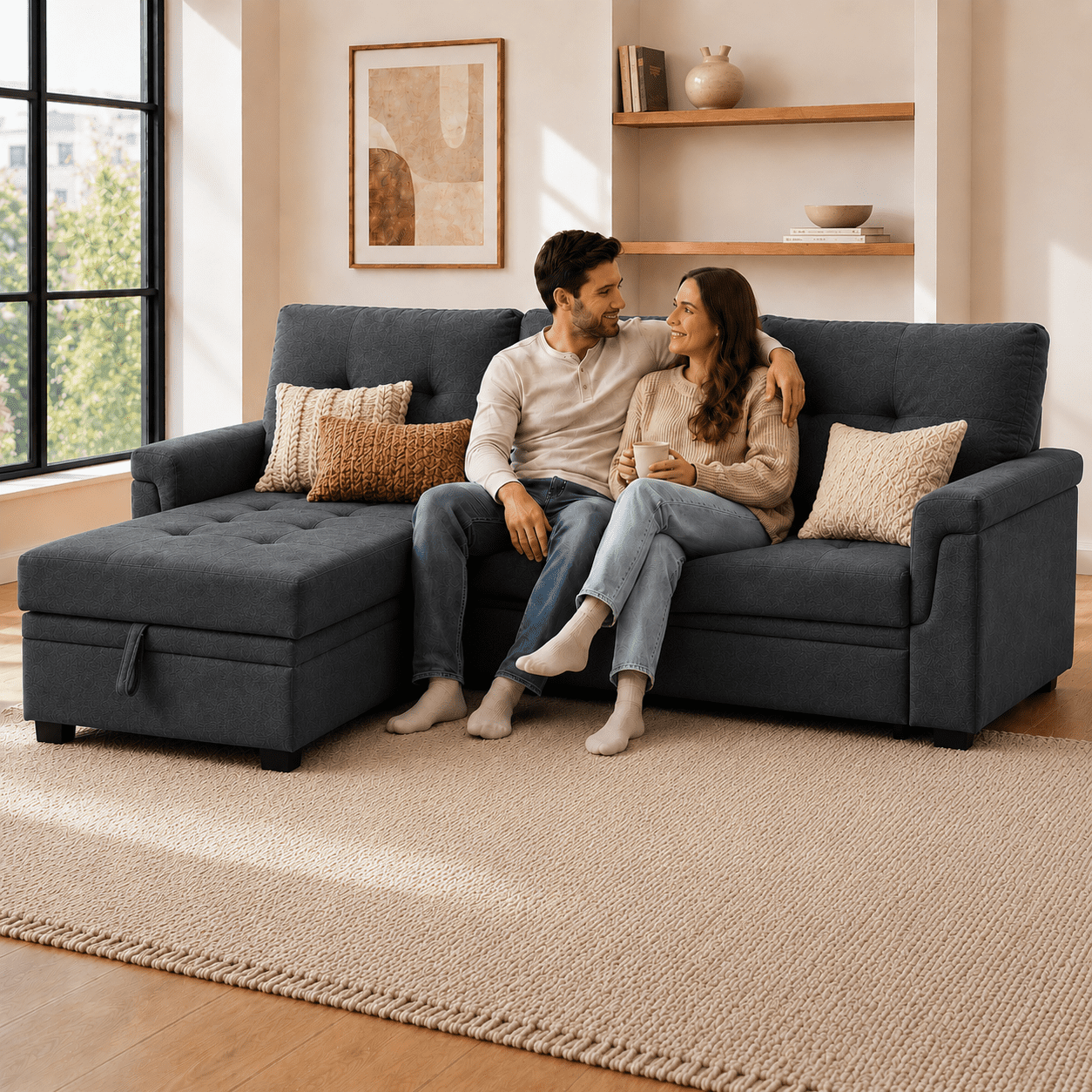 Naomi Home Living Room Collection L Shaped Velvet Convertible Sleeper and Storage Chaise Sectional Sofa with Sofa and Chaise, Dark Gray