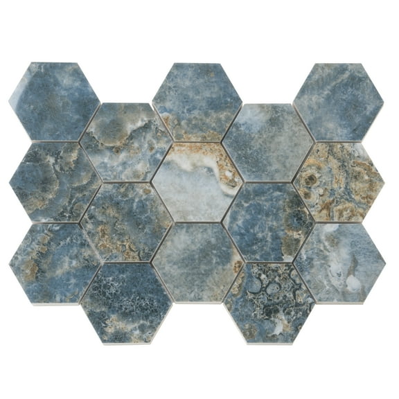 Splendor 8.9 in. x 12.8 in. Polished Blue Porcelain Mosaic Hexagon Wall and Floor Tile (7.09 sq. ft./case) (9-pack)